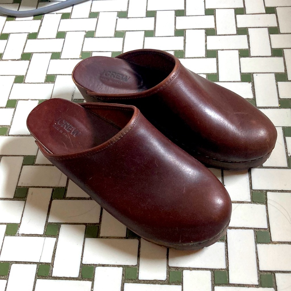 J Crew|muleclog|leather|wooden heel